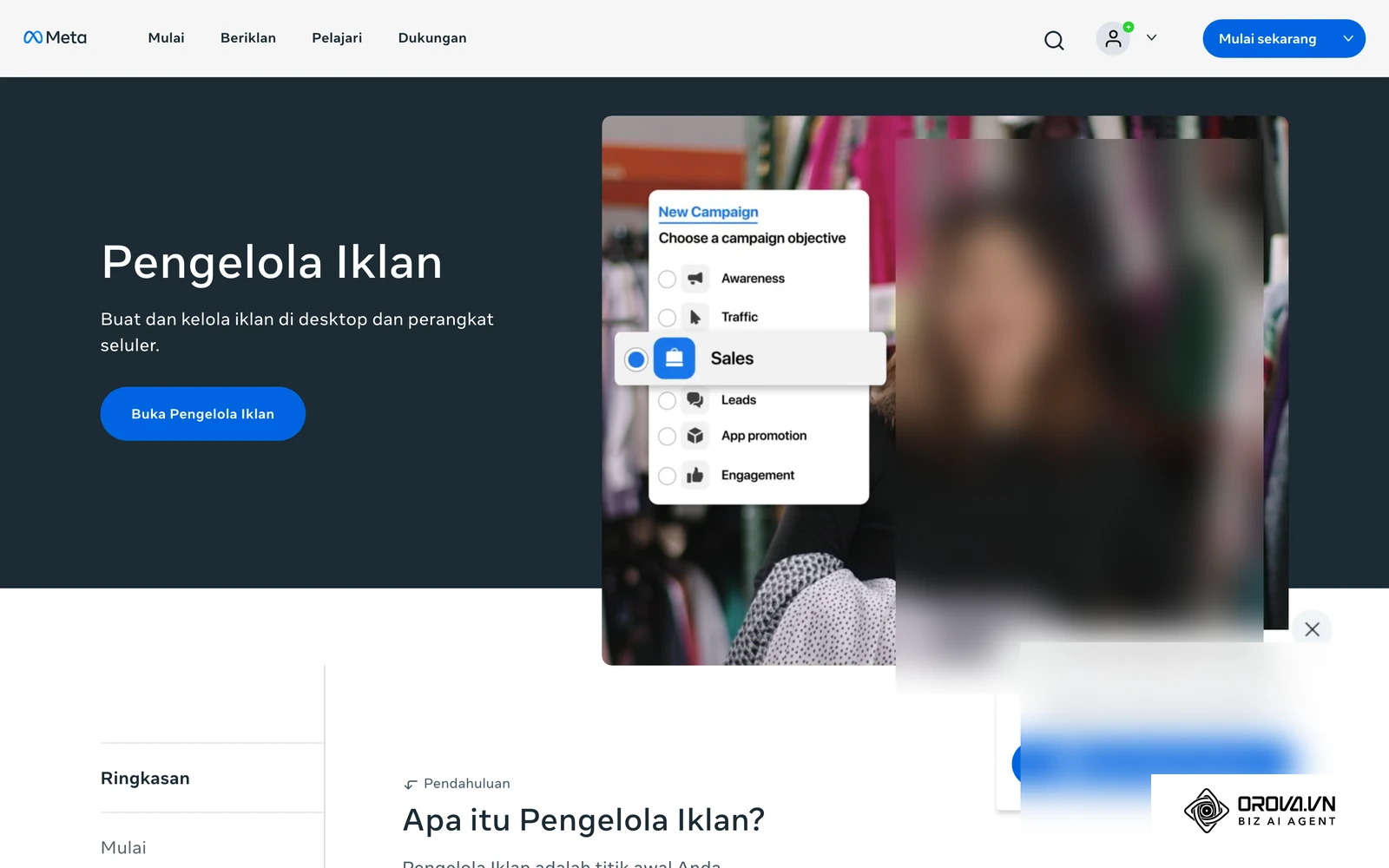 Halaman resmi Meta tentang Ads Manager (Pengelola Iklan) dengan contoh antarmuka pembuatan dan pengelolaan kampanye.