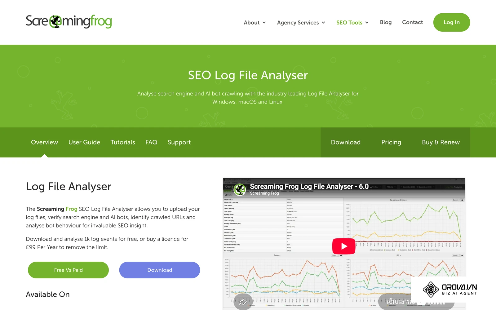 ទំព័រផ្លូវការរបស់ Screaming Frog Log File Analyser ដែលបង្ហាញរូបអេក្រង់ឧបករណ៍វិភាគ server log ដើម្បីមើលឥរិយាបថរបស់ Googlebot