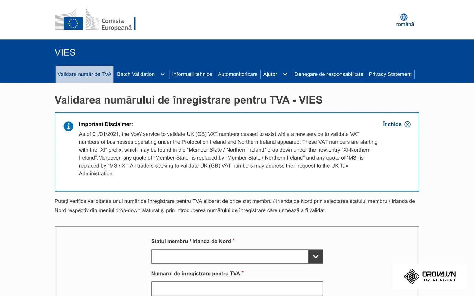Formularul public VIES al Comisiei Europene, folosit pentru a verifica dacă un cod de TVA al unei firme din UE este valid înainte de a o păstra în listă