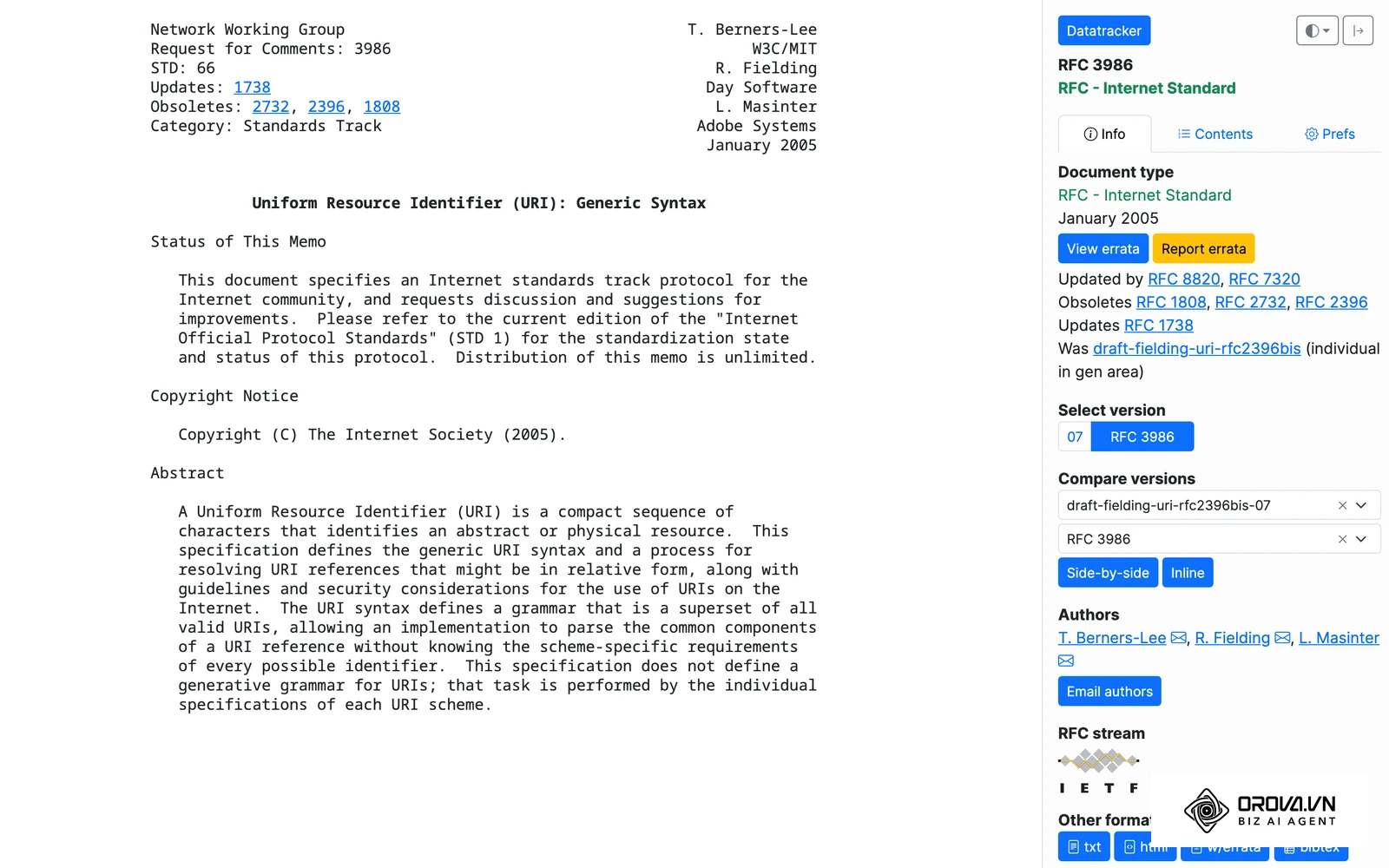 Le texte de la RFC 3986 de l'IETF, qui définit la syntaxe des URI dont les adresses web font partie.
