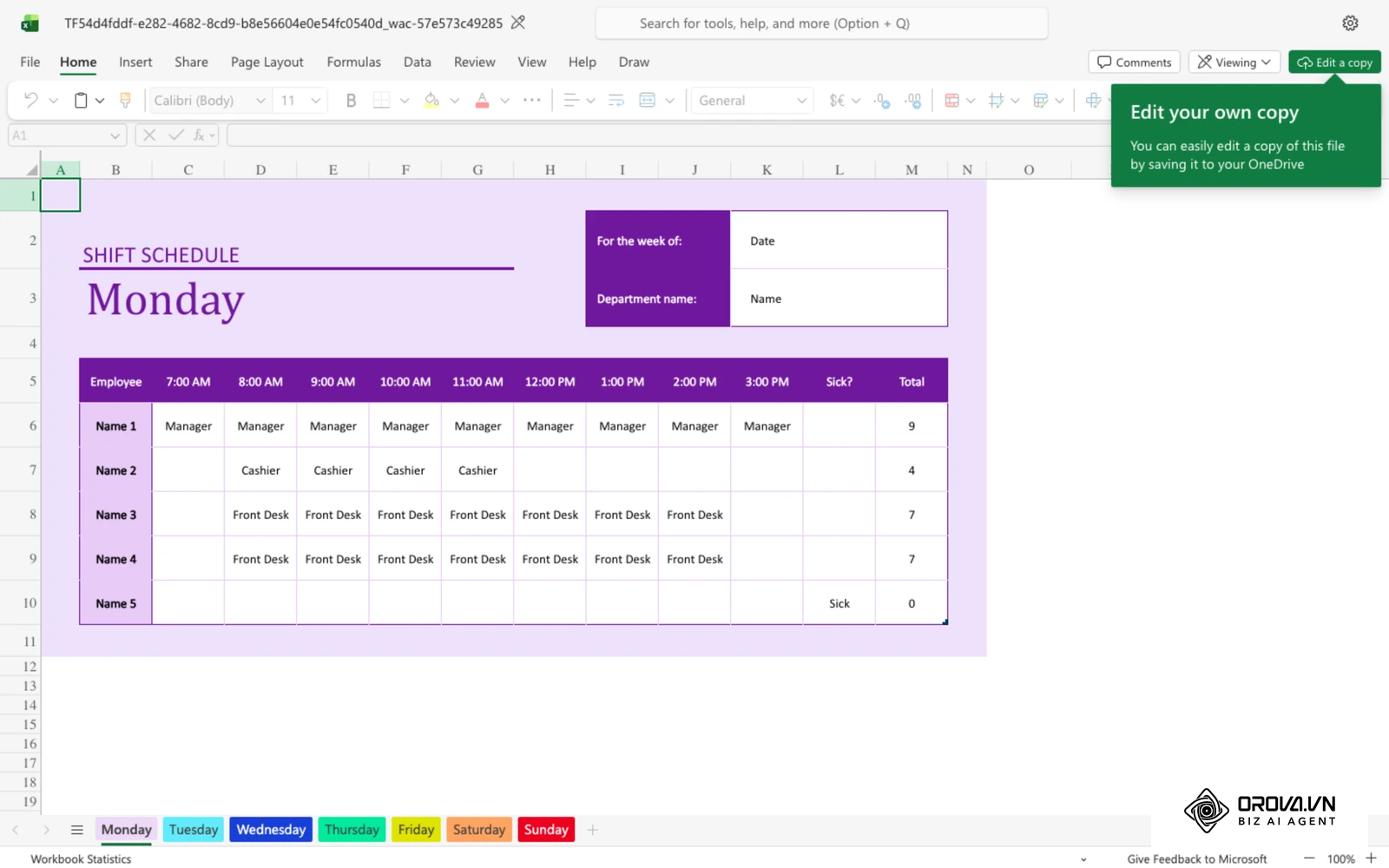 Microsoft's free Employee shift schedule template for Excel: one tab per weekday, one row per employee, one column per hour, and a daily total.