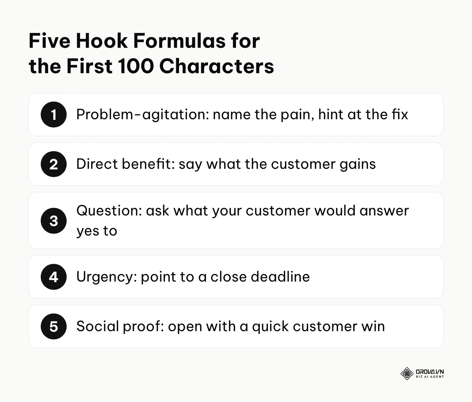 Summary of five hook formulas for the opening of a Google Business Profile post.
