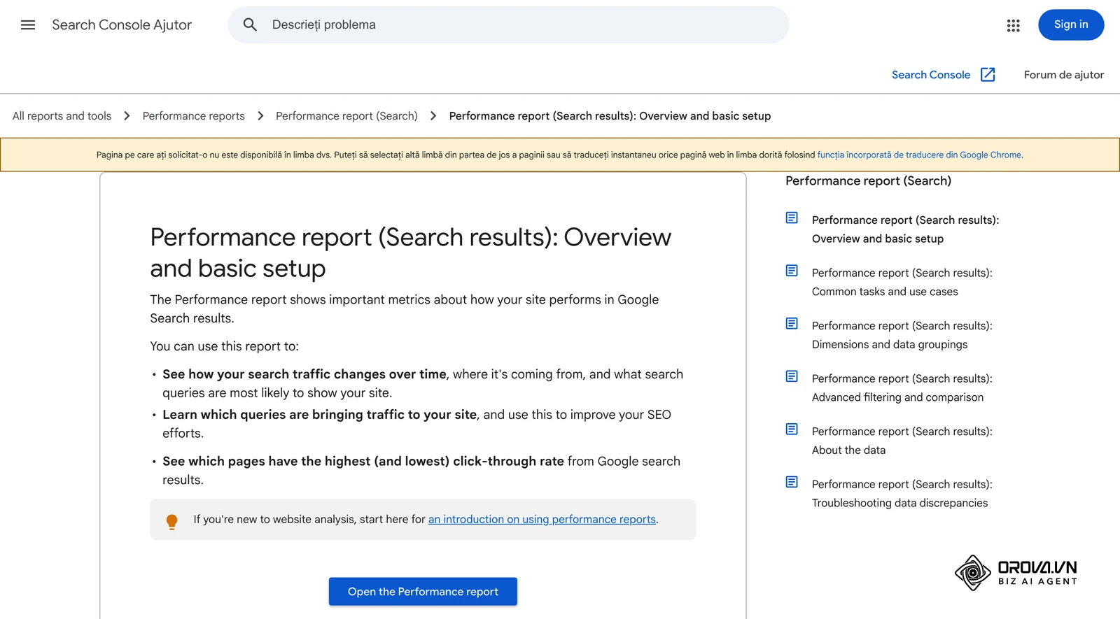 Ajutorul oficial Search Console: articolul despre raportul Performanță (rezultatele căutării), afișat în limba engleză