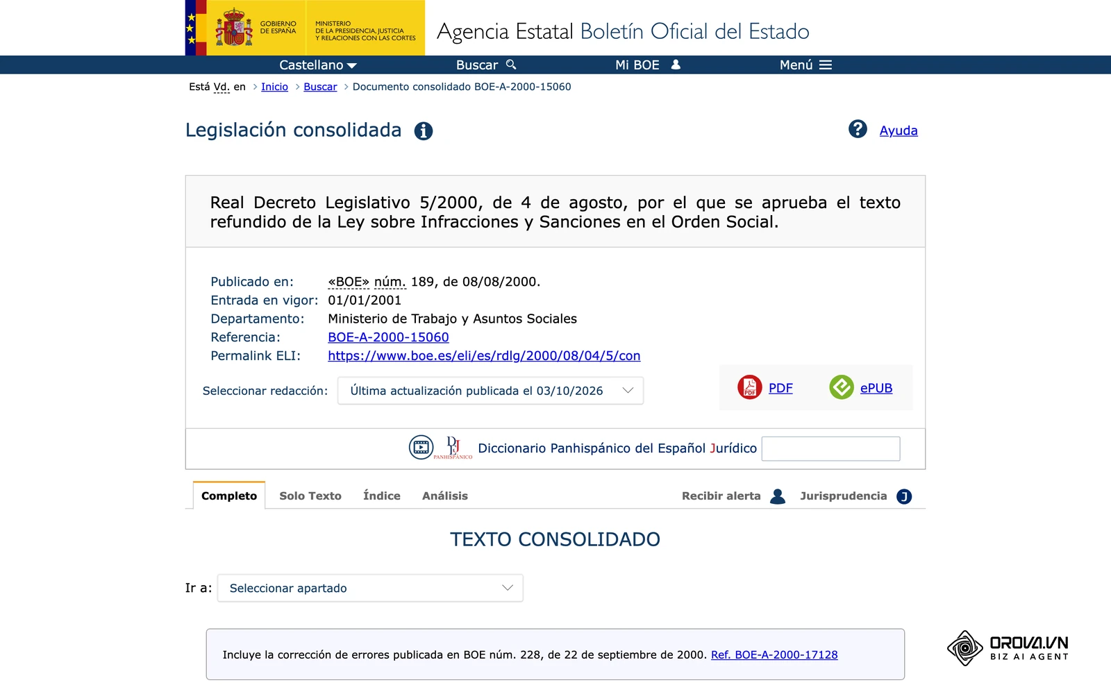 Texto consolidado de la LISOS en el BOE, la norma que fija las sanciones por incumplir la prevención.