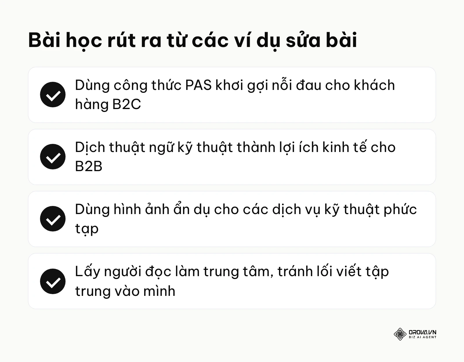 Tóm tắt 4 bài học quan trọng khi áp dụng công thức viết content cho từng loại sản phẩm cụ thể.