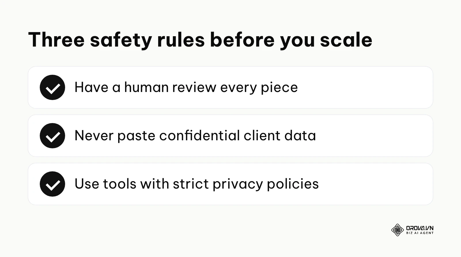 Checklist of three safety rules for scaling AI-generated content.