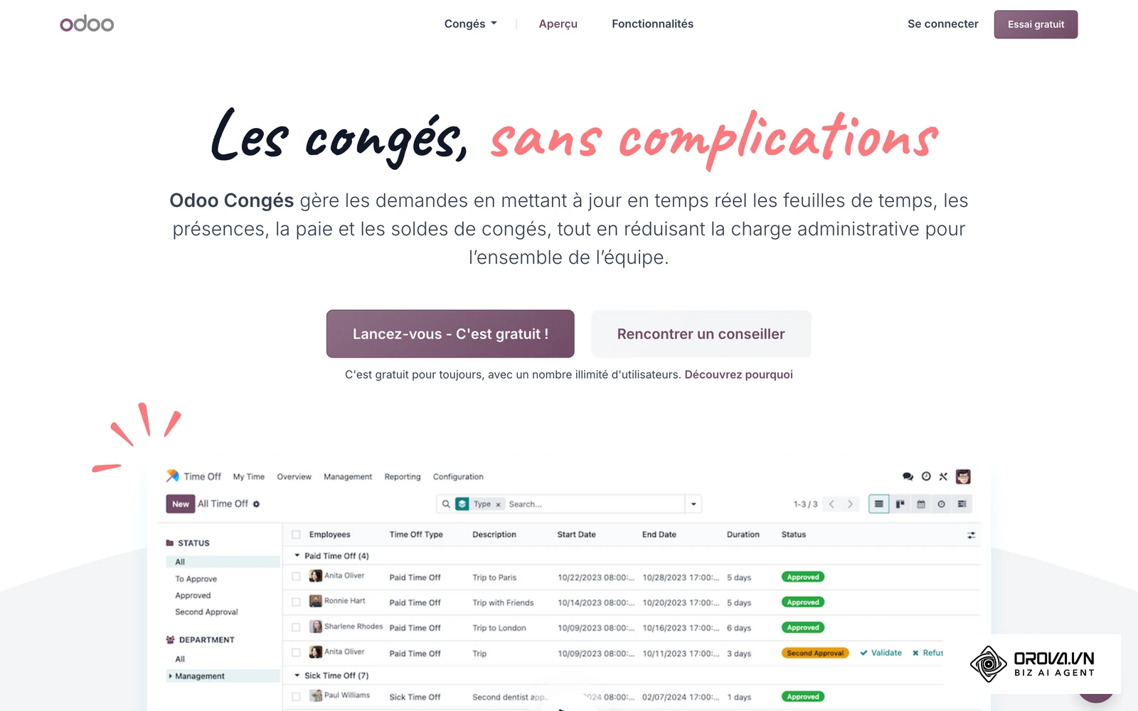 Interface du module Congés d'Odoo, une suite SIRH tout-en-un : liste des demandes d'absence avec dates, durée et statut de validation.