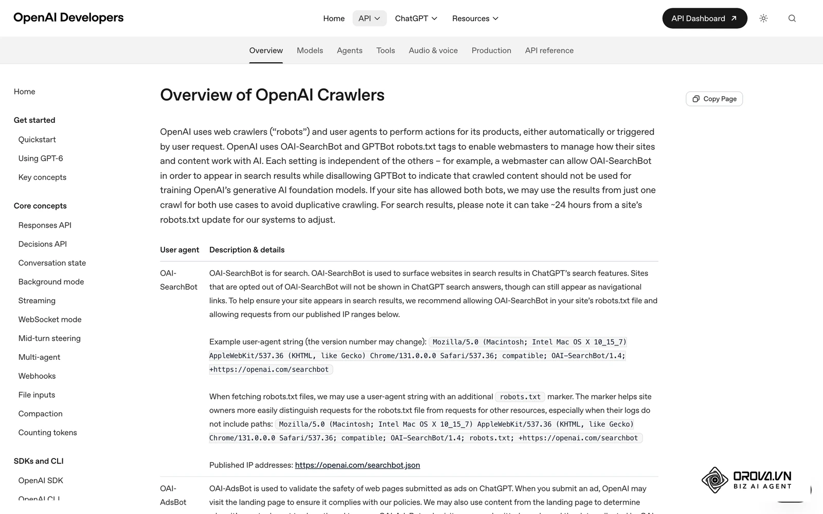 Documentation officielle d'OpenAI sur ses robots GPTBot, OAI-SearchBot et ChatGPT-User.