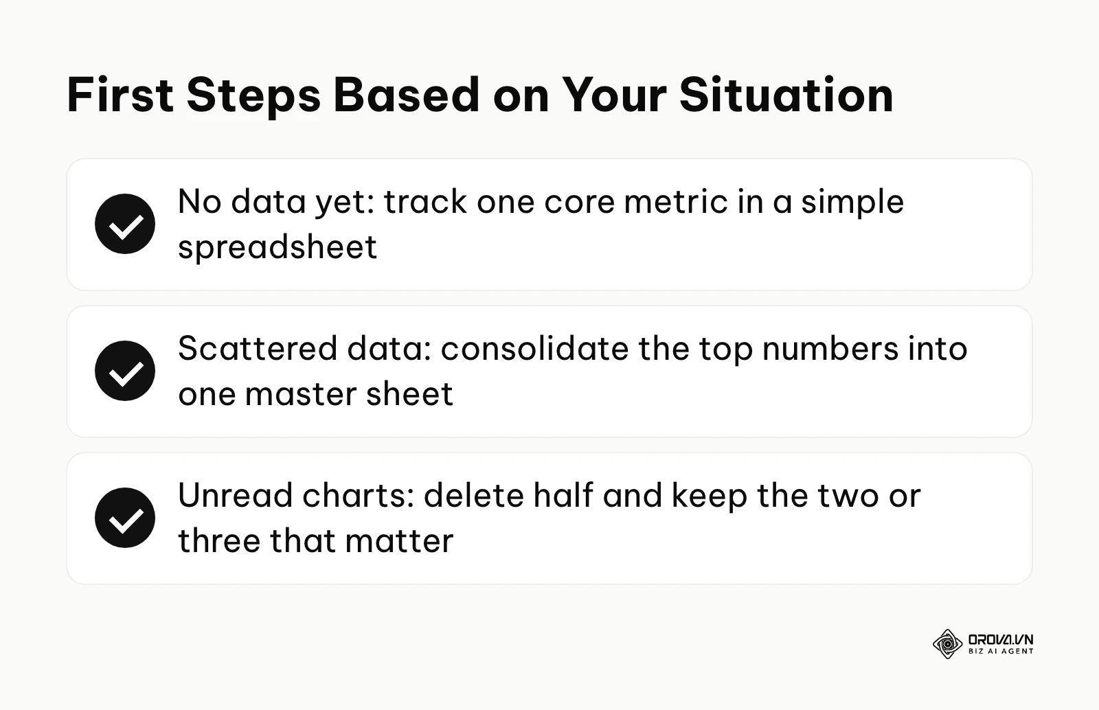 A summary checklist mapping three different business situations to their immediate next steps.