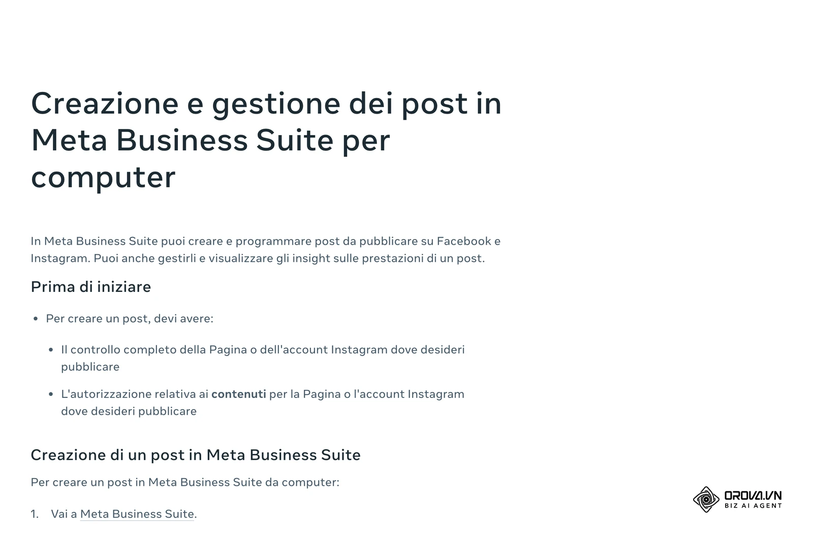 Centro assistenza per le aziende di Meta (in italiano): l'articolo «Creazione e gestione dei post in Meta Business Suite per computer», con i passaggi Crea post, Pubblica su e Opzioni di programmazione.