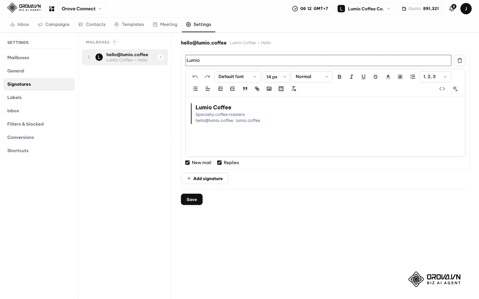 Scheda Signatures nelle impostazioni di Orova Connect con l'editor della firma per ogni casella e i pulsanti Add signature e Save.