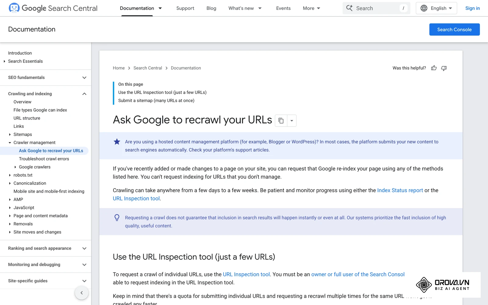 Google Search Central yoʻriqnomasi: yangilangan sahifani URL Inspection orqali qayta skanerlashni soʻrash tartibi.