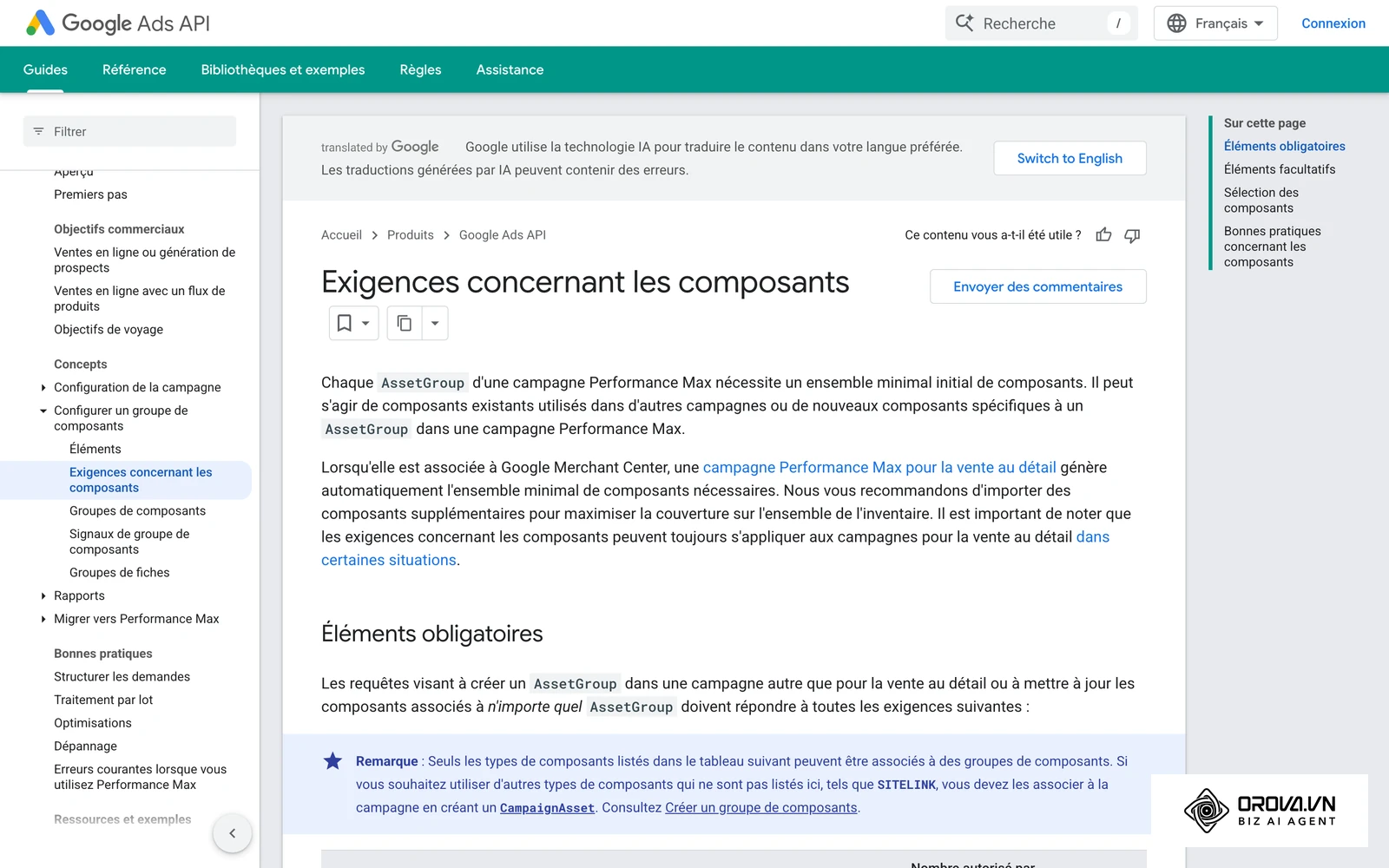 Exigences officielles de Google concernant les éléments d'un groupe Performance Max.
