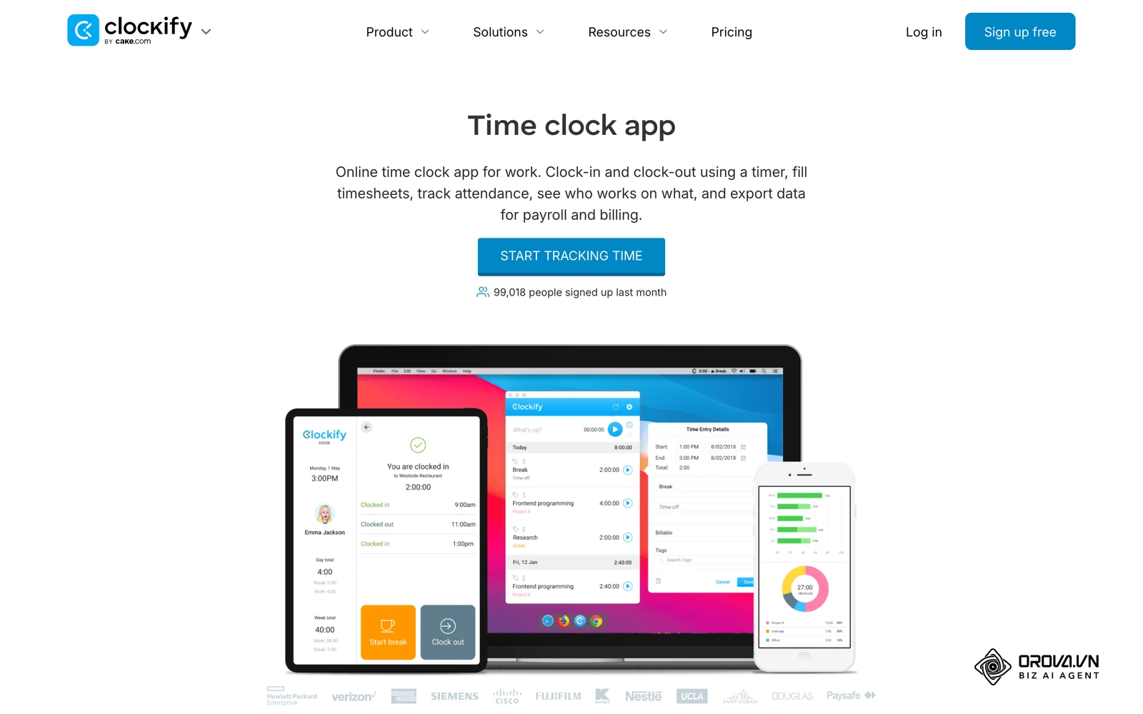 Clockify time clock app page showing how employees clock in and out and how logged hours appear for review.