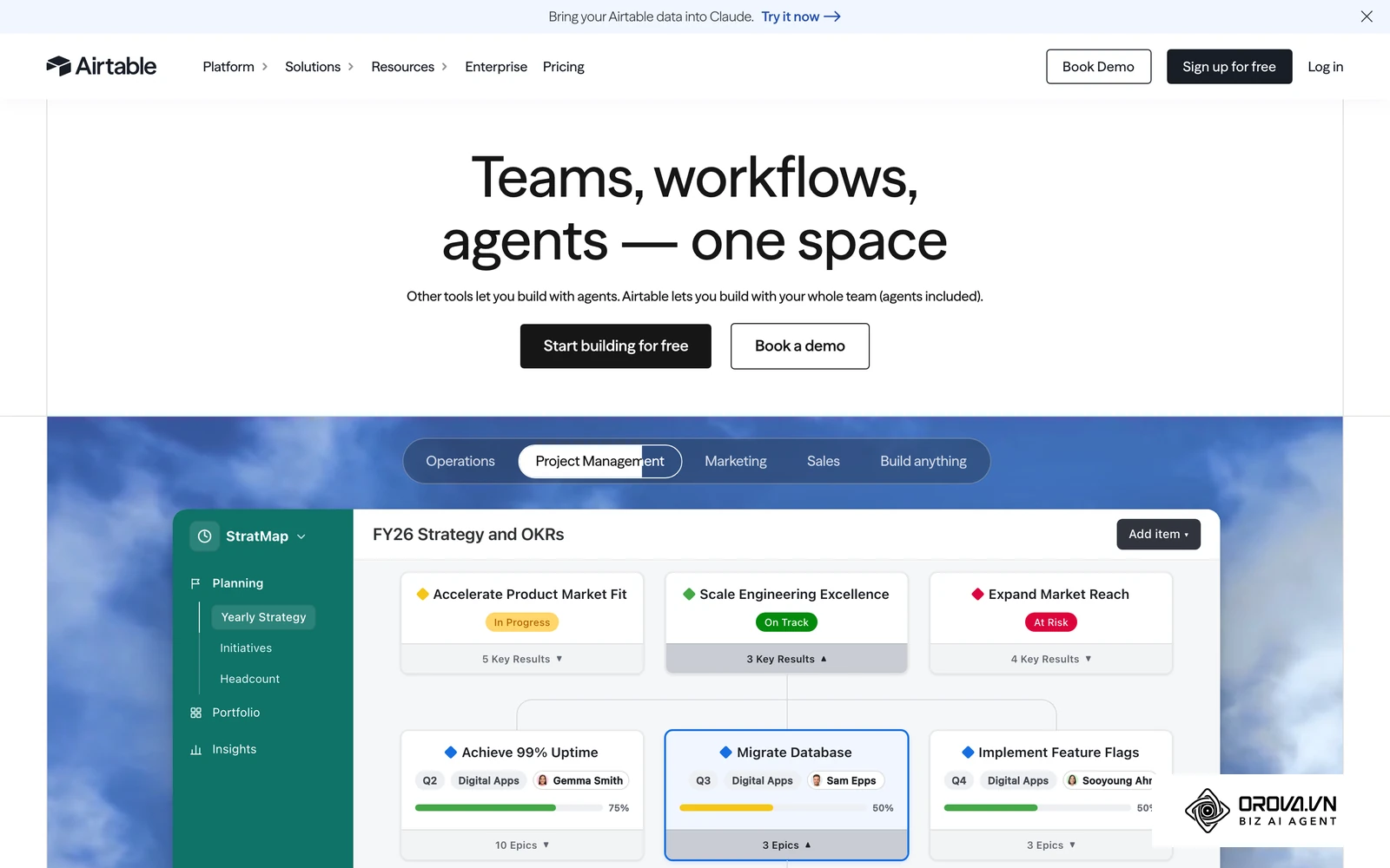 Airtable homepage: a database-style workspace for teams managing calendars across several brands.