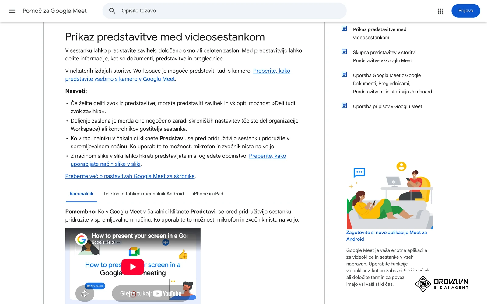 Uradna pomoč za Google Meet: prikaz predstavitve oziroma deljenje zaslona med videosestankom.