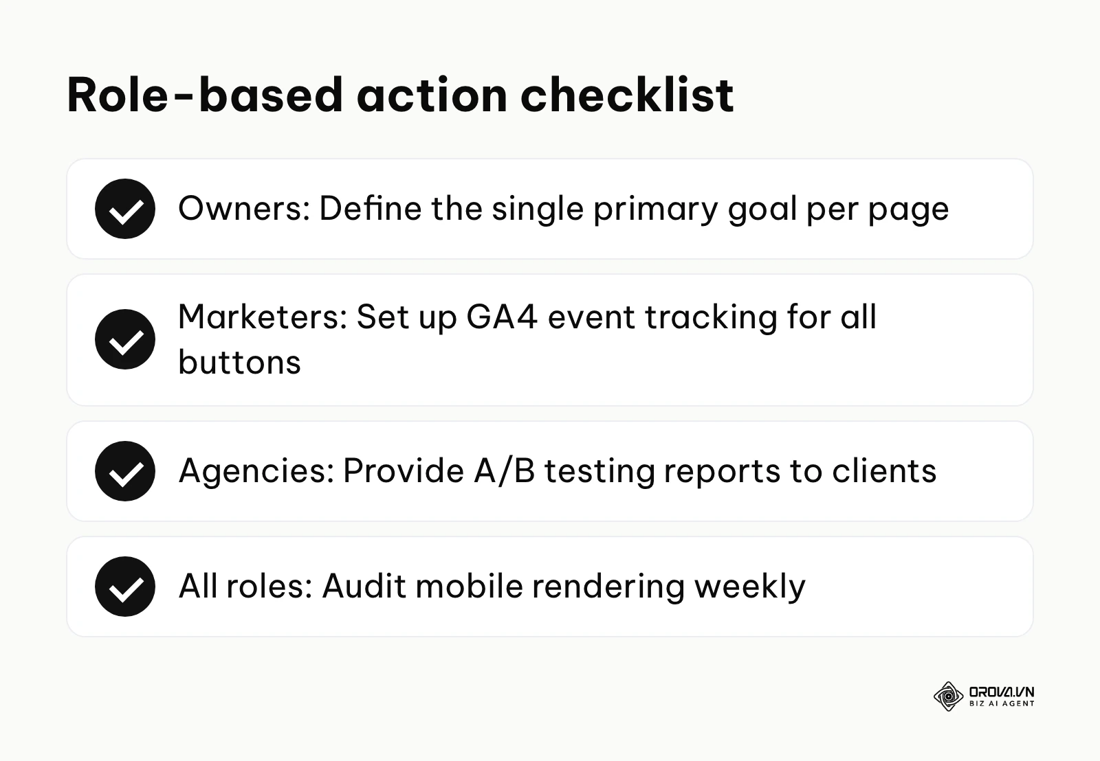 A summary checklist of responsibilities for different roles regarding conversion optimization.