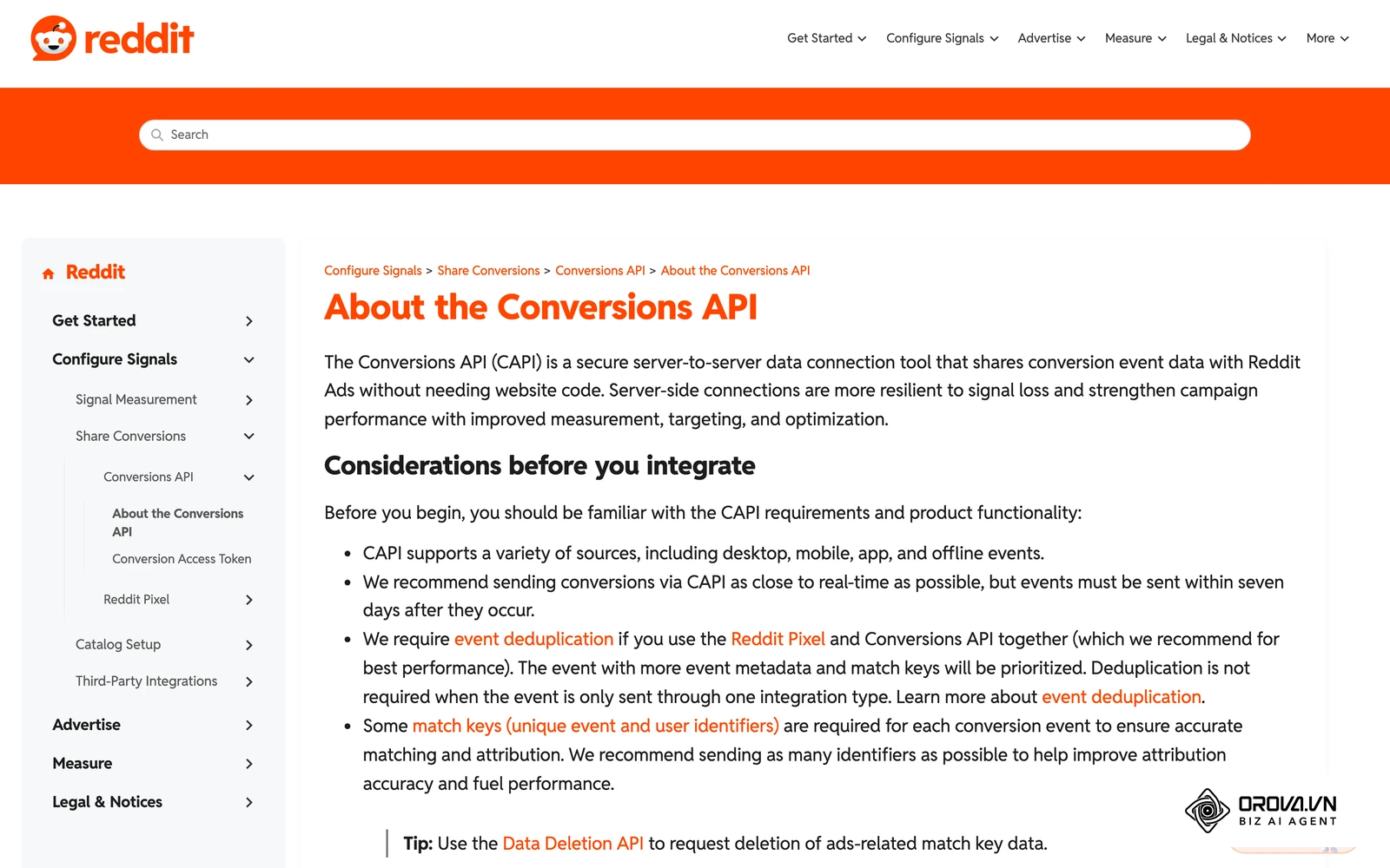Reddit Ads help center page on the Reddit Conversions API.