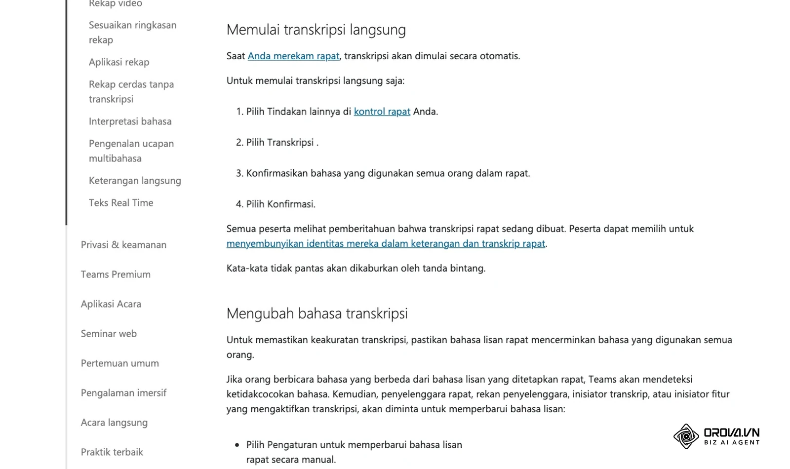 Dukungan Microsoft (bahasa Indonesia): langkah Memulai transkripsi langsung di Teams dan Mengubah bahasa transkripsi.