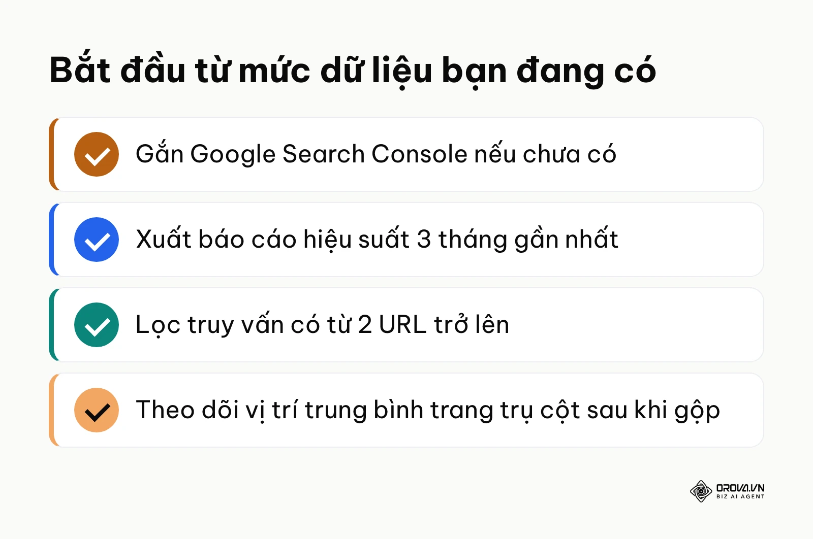 Danh sách kiểm tra các bước hành động cơ bản nhất để bắt đầu xử lý tình trạng Keyword Cannibalization.