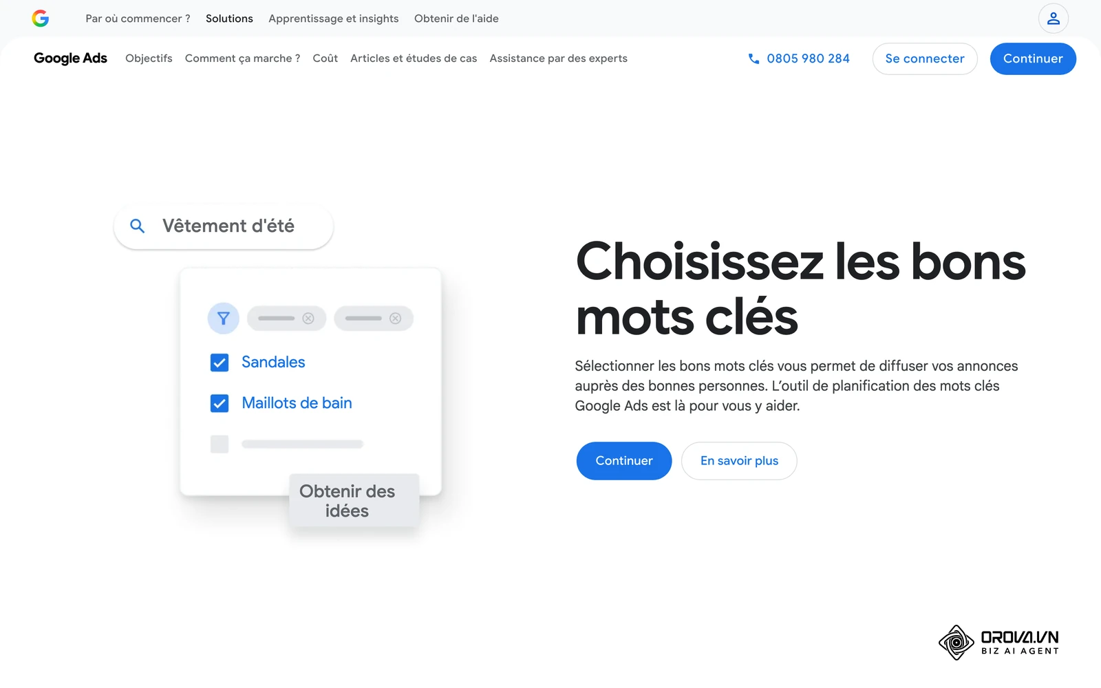 Page officielle du Planificateur de mots clés Google Ads, l'outil utilisé pour estimer le volume et les enchères d'une campagne sur le Réseau de Recherche.