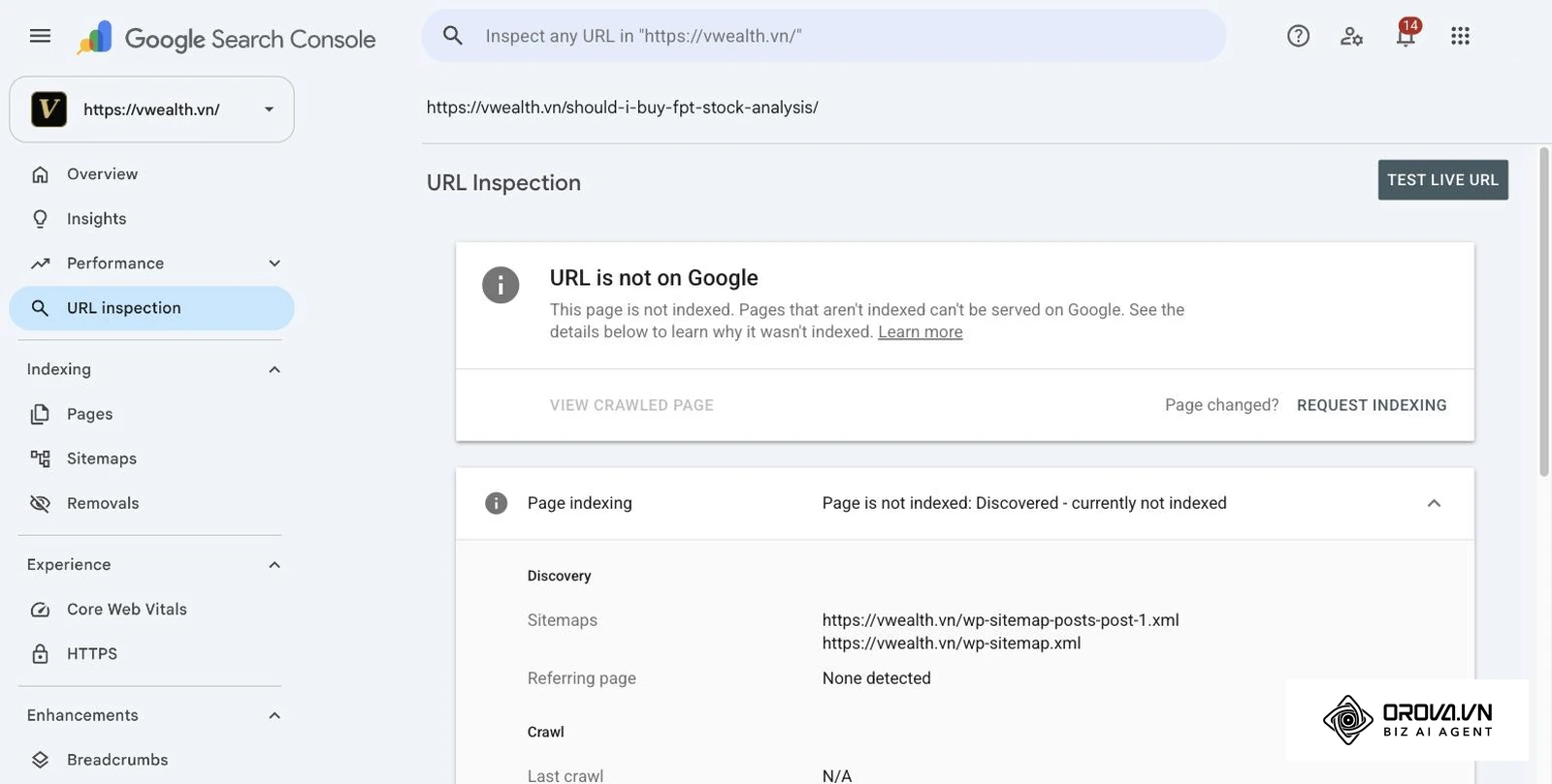 Inspection d'URL réelle dans Google Search Console pour un article de vwealth.vn : URL absente de Google, statut Détectée - actuellement non indexée, page de référence non détectée