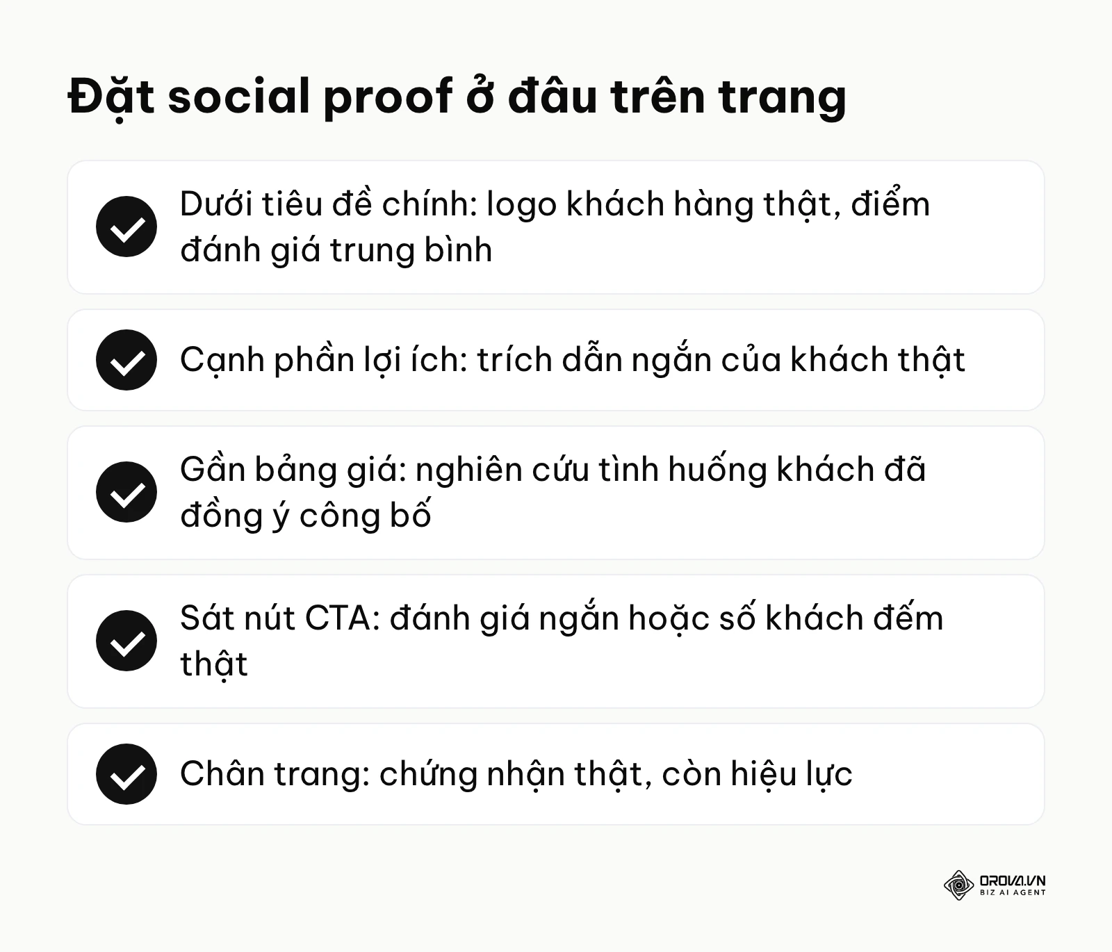 Danh sách các vị trí chiến lược để đặt bằng chứng xã hội trên một trang đích (Landing Page).
