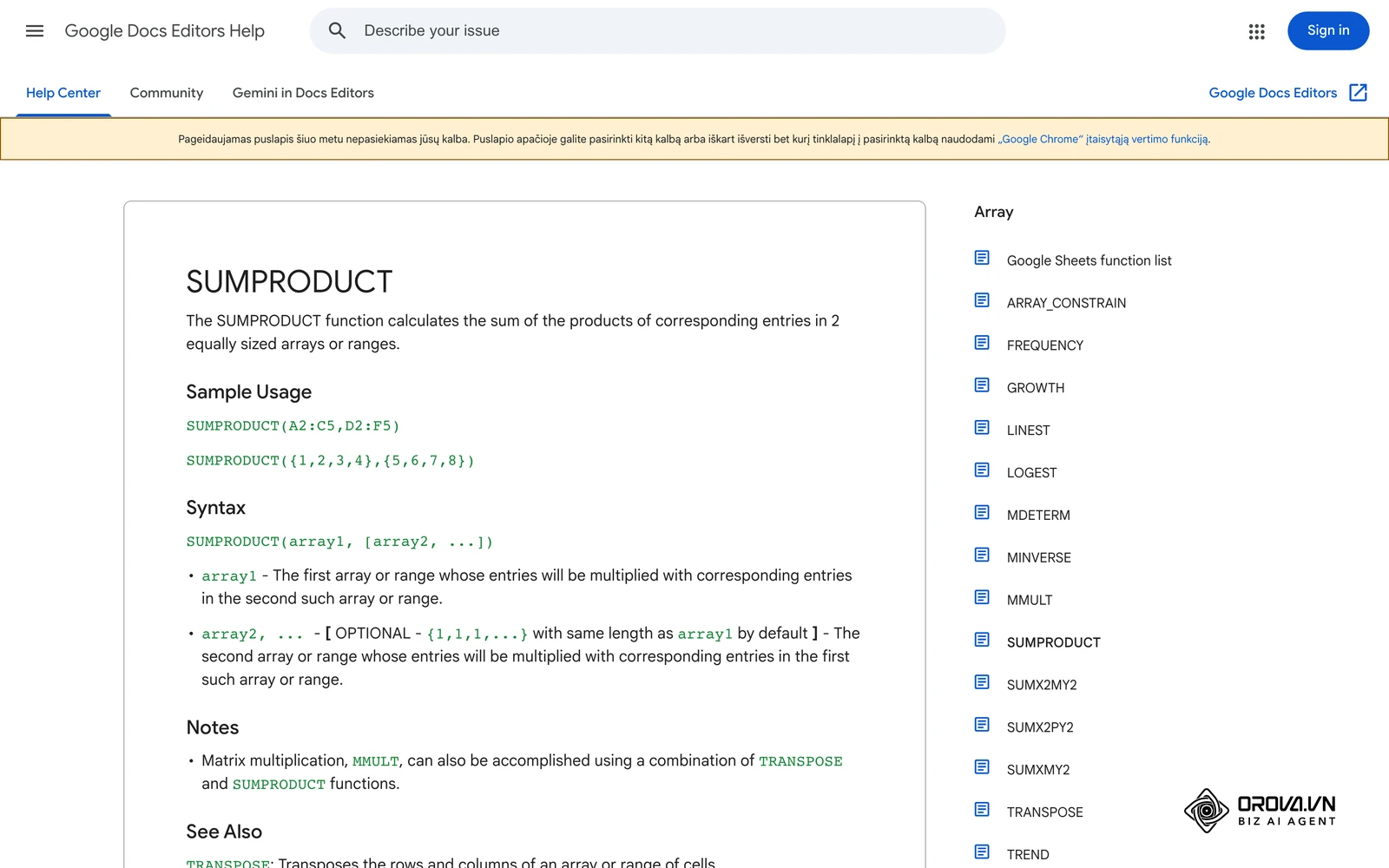 Oficialus „Google Sheets“ pagalbos puslapis apie funkciją SUMPRODUCT, kuri sudaugina balus iš svorių ir juos susumuoja.