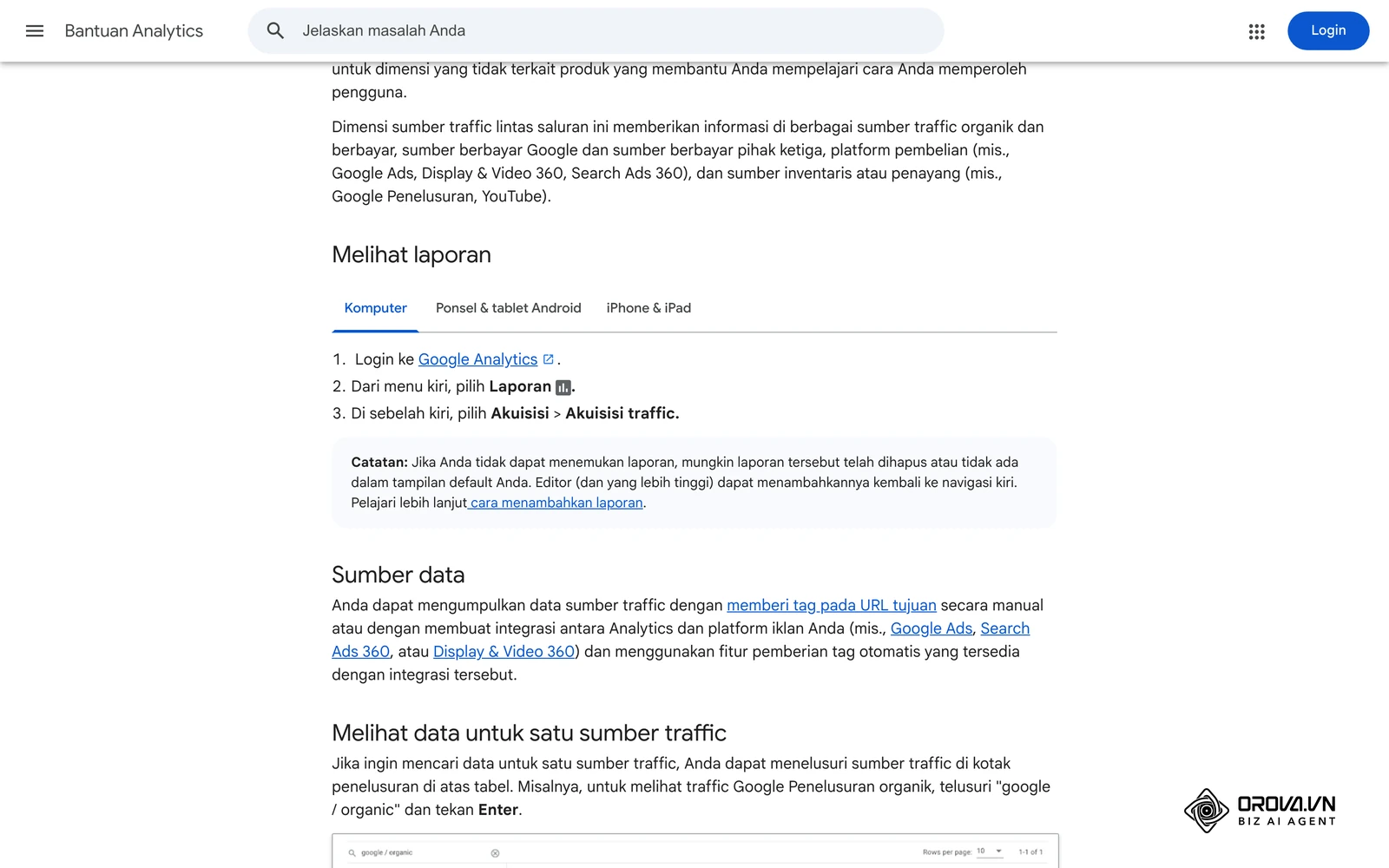 Halaman bantuan Google Analytics: cara membuka laporan Akuisisi trafik dan sumber data daripada URL yang diberi tag.