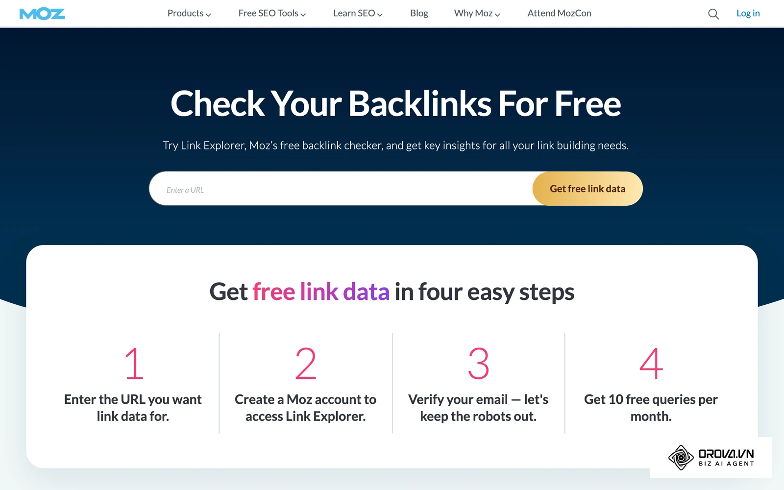 Công cụ Link Explorer của Moz dùng để xem liên kết trỏ về. Điểm DA là của Moz, không phải của Google.