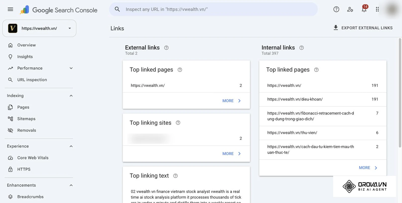 Báo cáo Liên kết trong Google Search Console của vwealth.vn: 2 liên kết ngoài, 397 liên kết nội bộ