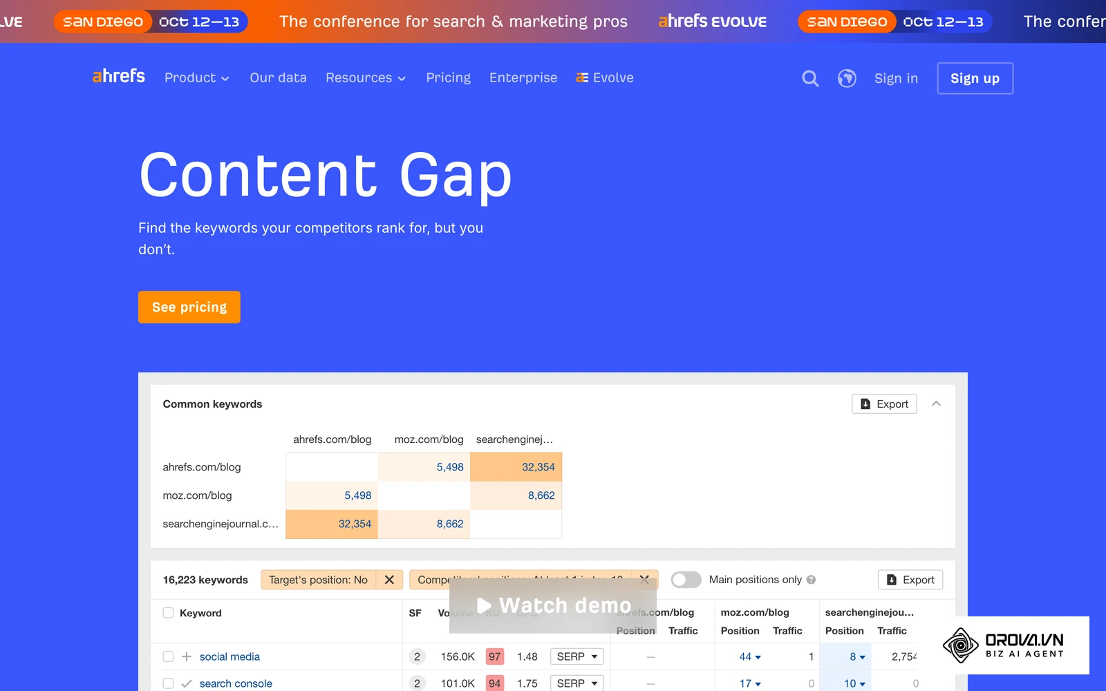 Página oficial de la herramienta Content Gap de Ahrefs: compara tu dominio con varios competidores y muestra las palabras clave en las que ellos posicionan y tú no.