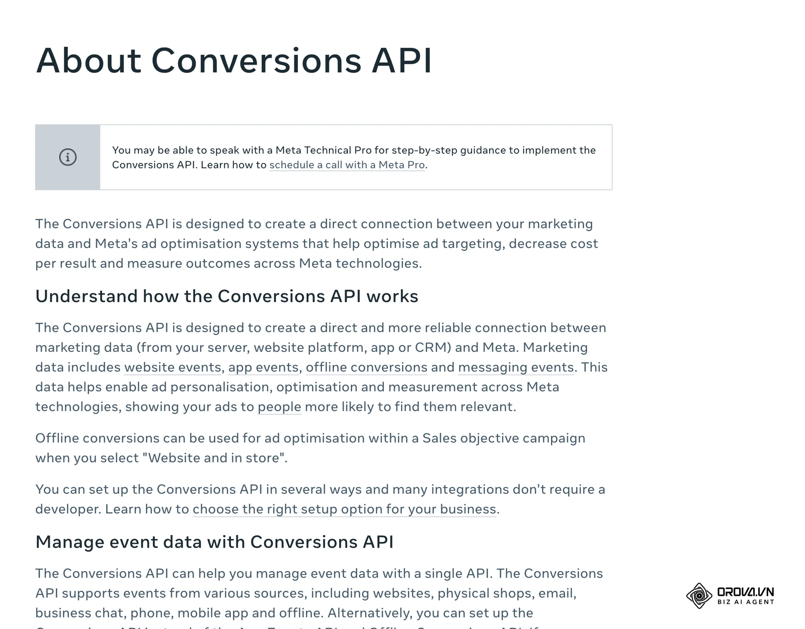 Center za pomoč Meta (angleško): »About Conversions API« – neposredna povezava med vašimi tržnimi podatki in sistemi Meta.