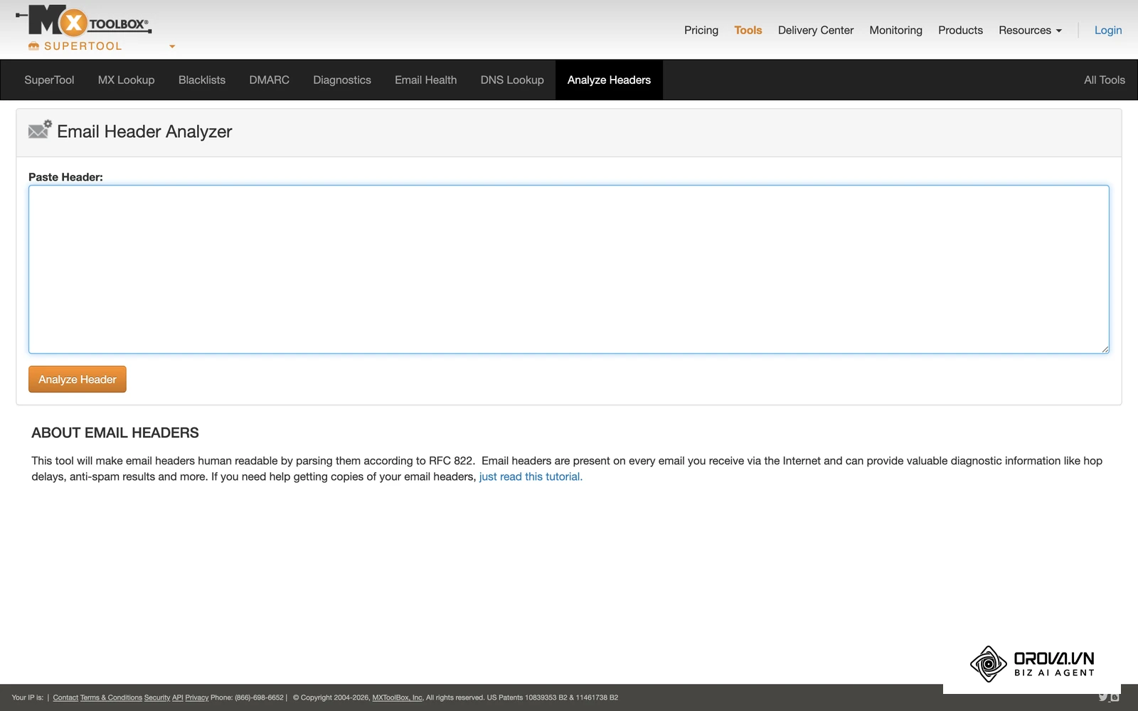 De Email Header Analyzer van MXToolbox: plak de headers uit 'Origineel weergeven' en zie per controle of SPF, DKIM en DMARC slagen.