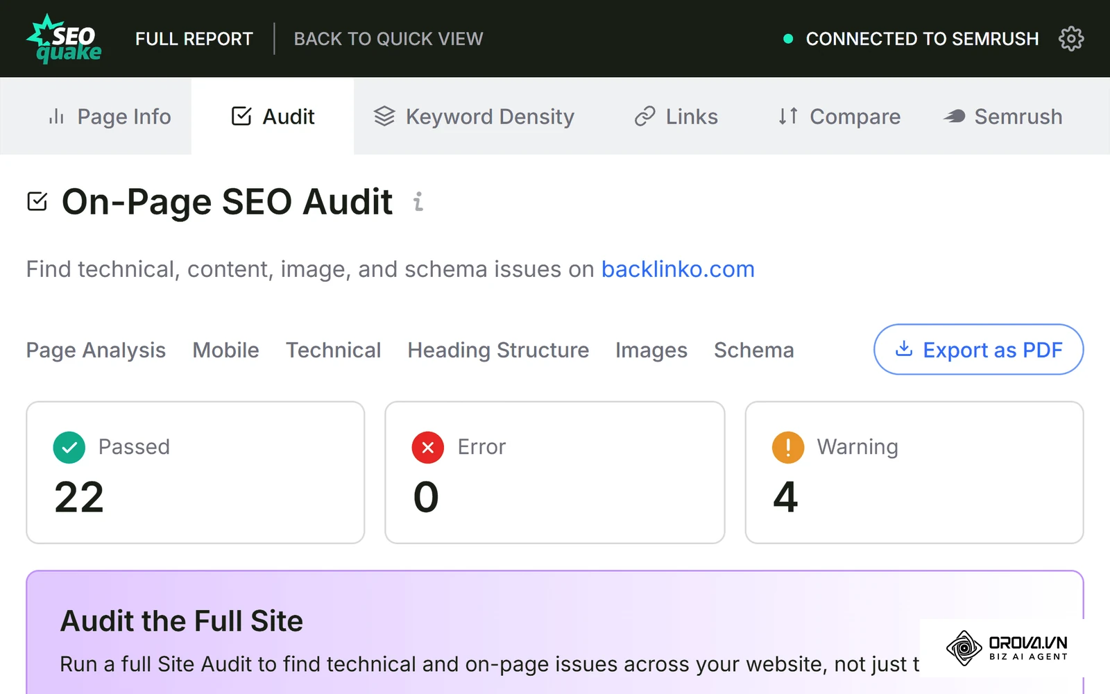 របាយការណ៍ On-Page SEO Audit ពិតរបស់ SEOquake លើ backlinko.com៖ Passed 22, Error 0, Warning 4 និងប៊ូតុង Export as PDF
