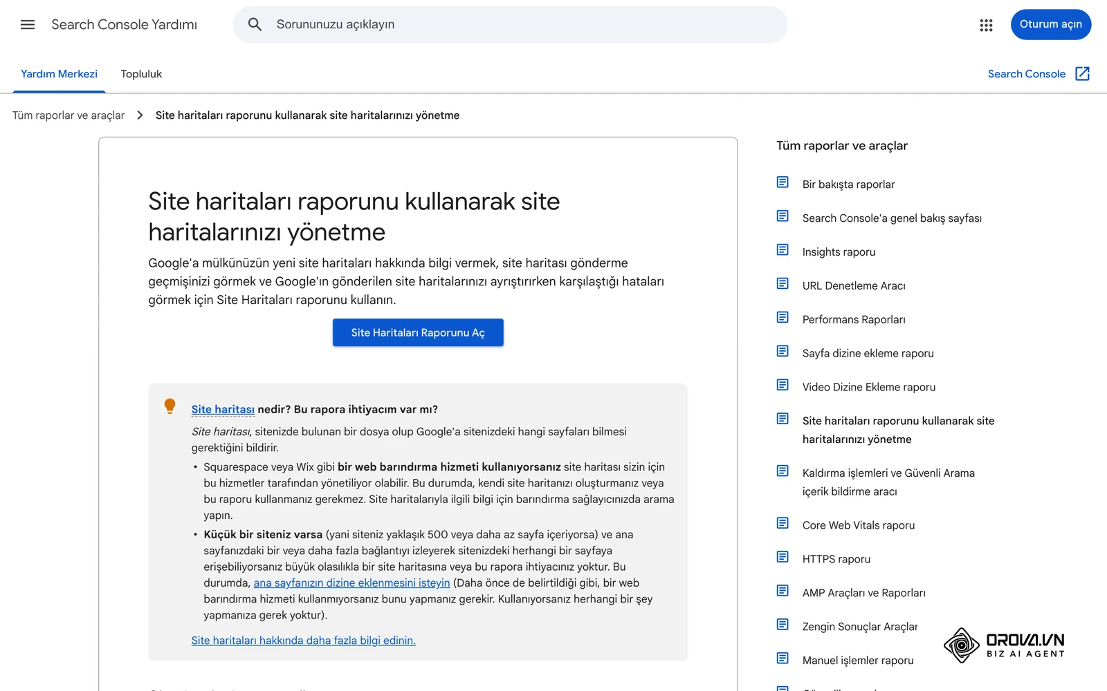 Search Console Yardımı (Türkçe): Site haritaları raporu belgesi; Yeni site haritası ekle kutusu, Gönder düğmesi ve Başarılı / Getirilemedi durumları.