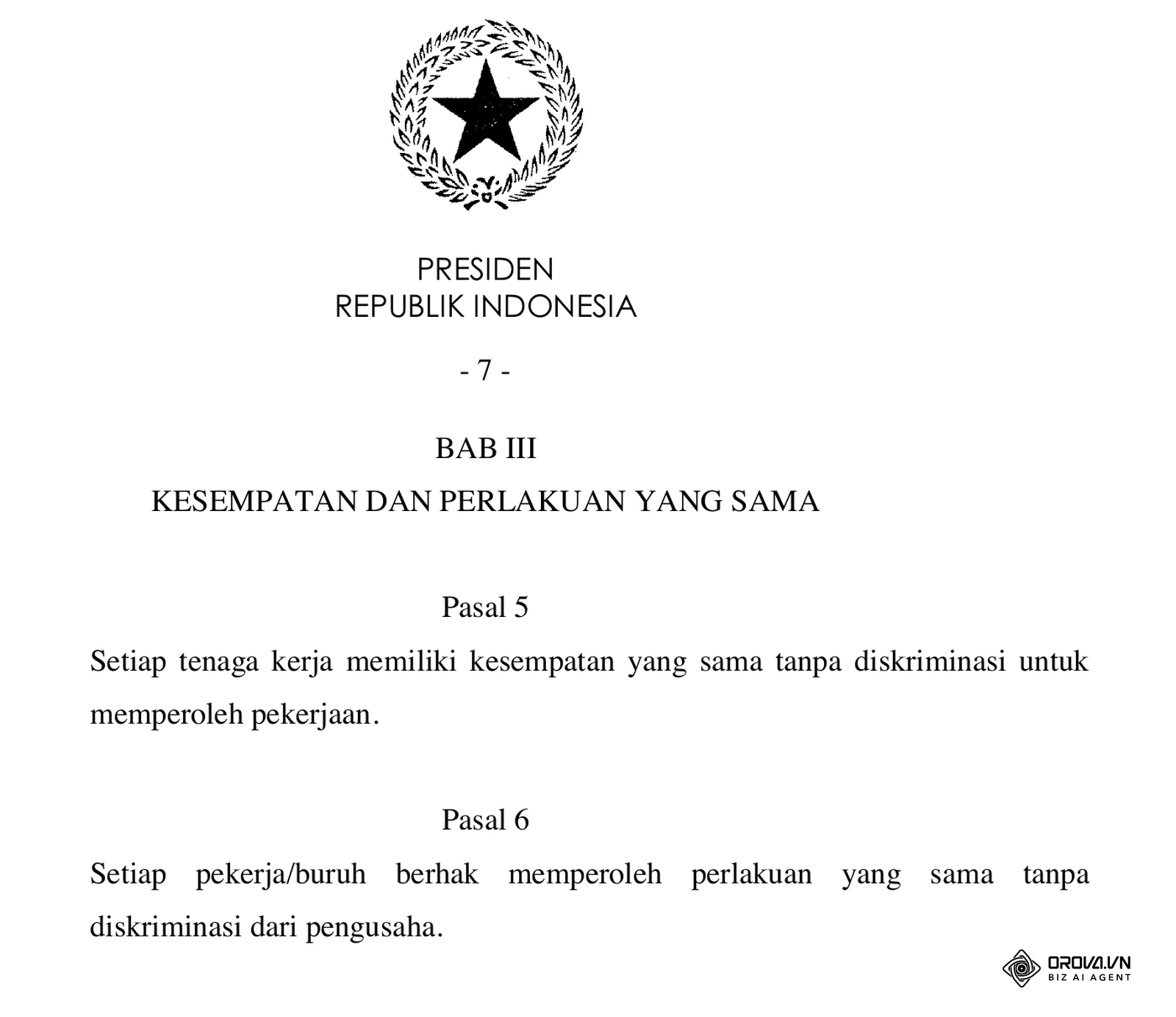 Halaman 7 naskah resmi UU Nomor 13 Tahun 2003 tentang Ketenagakerjaan dari JDIH BPK: BAB III Kesempatan dan Perlakuan yang Sama, berisi Pasal 5 dan Pasal 6.