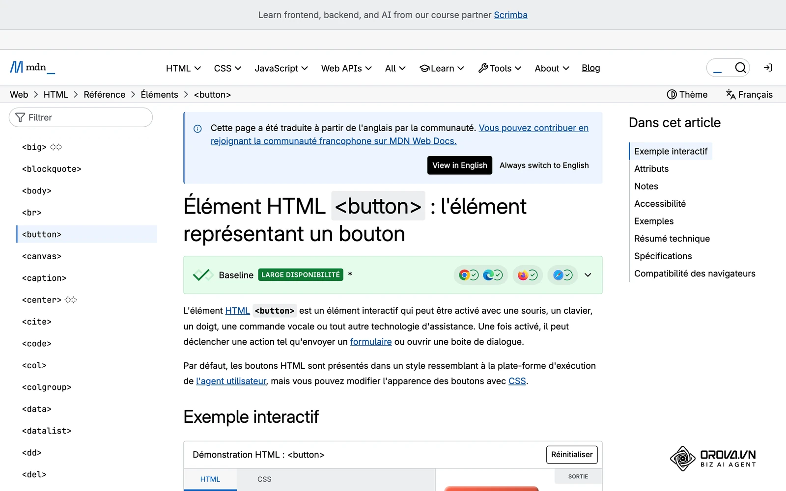 La documentation MDN décrit l'élément HTML button, base technique de la plupart des boutons d'action.