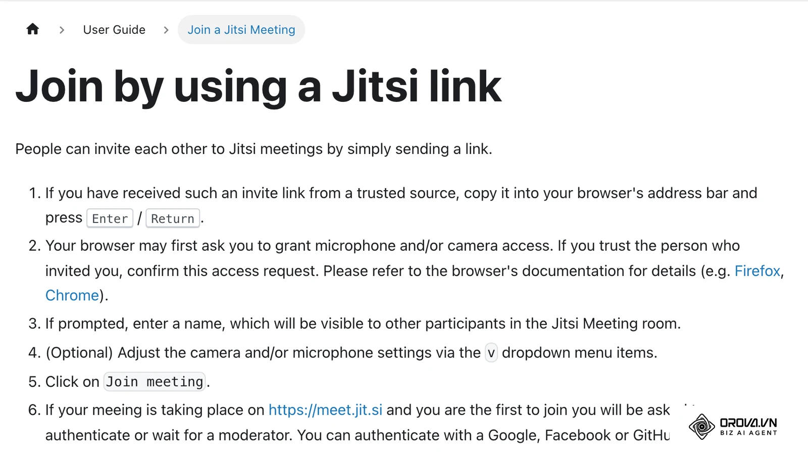 Ausschnitt aus dem Jitsi-Meet-Handbuch: Beitritt per Link, Freigabe von Kamera und Mikrofon, Anmeldung oder Warten auf einen Moderator bei meet.jit.si.