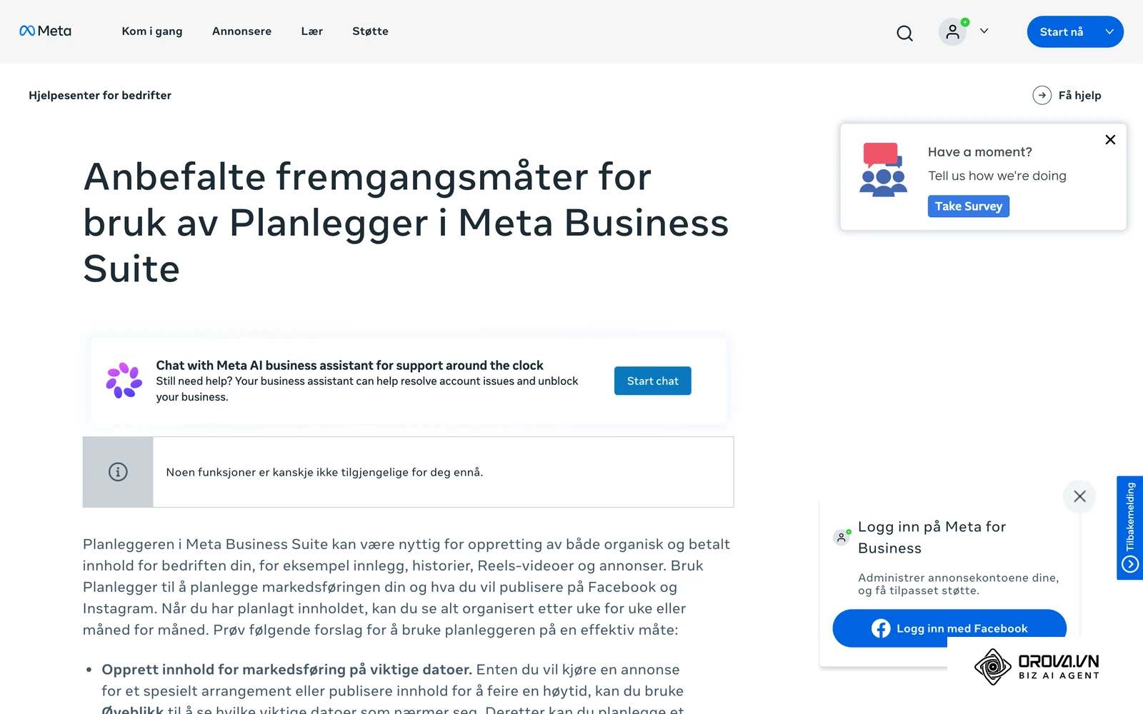 Metas brukerstøtte: anbefalt bruk av planleggeren i Meta Business Suite, der innhold vises i uke- eller månedsvisning.