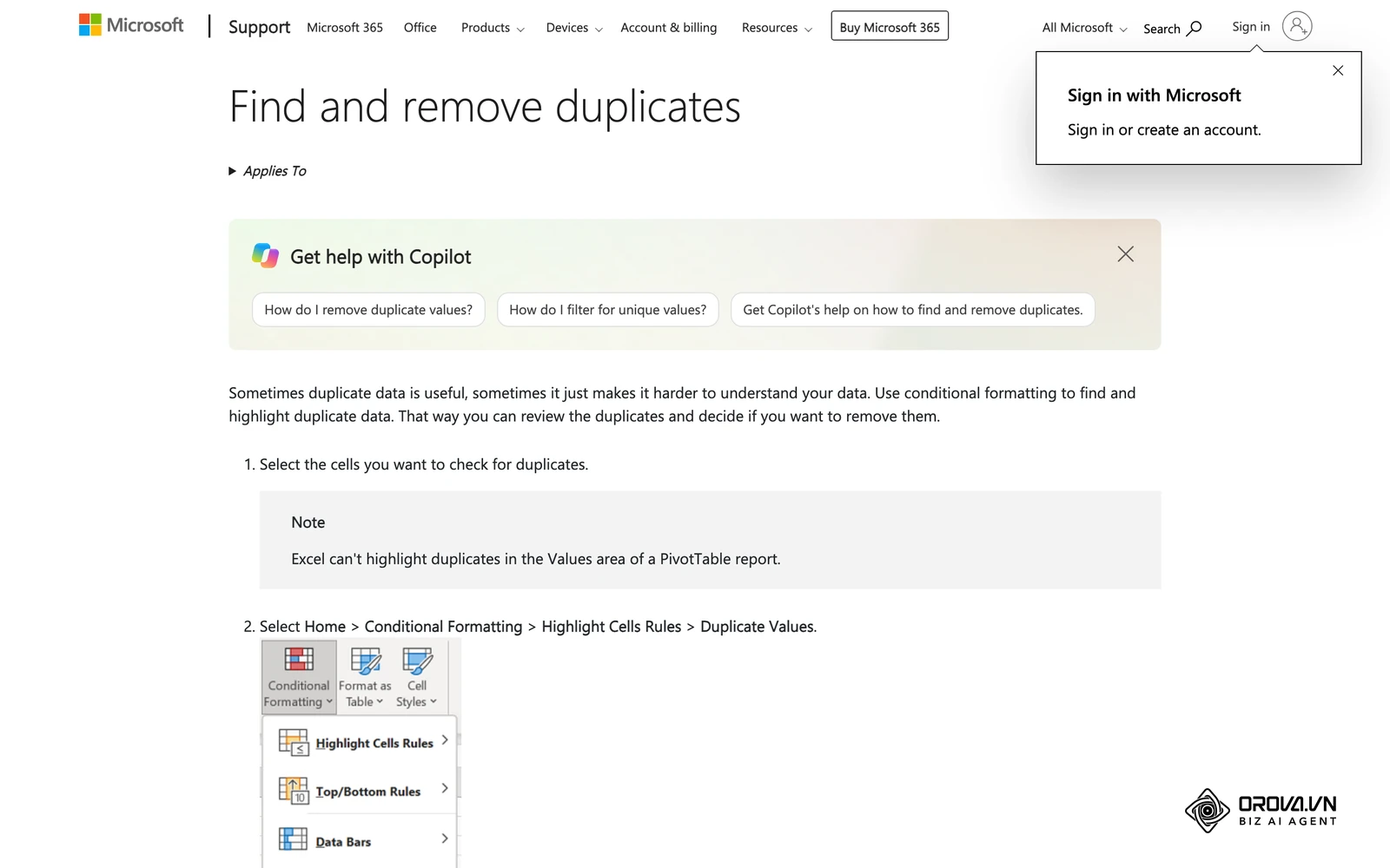 Halaman sokongan Microsoft tentang mencari dan mengalih keluar pendua dalam Excel, berguna sebelum mengimport senarai pelanggan.