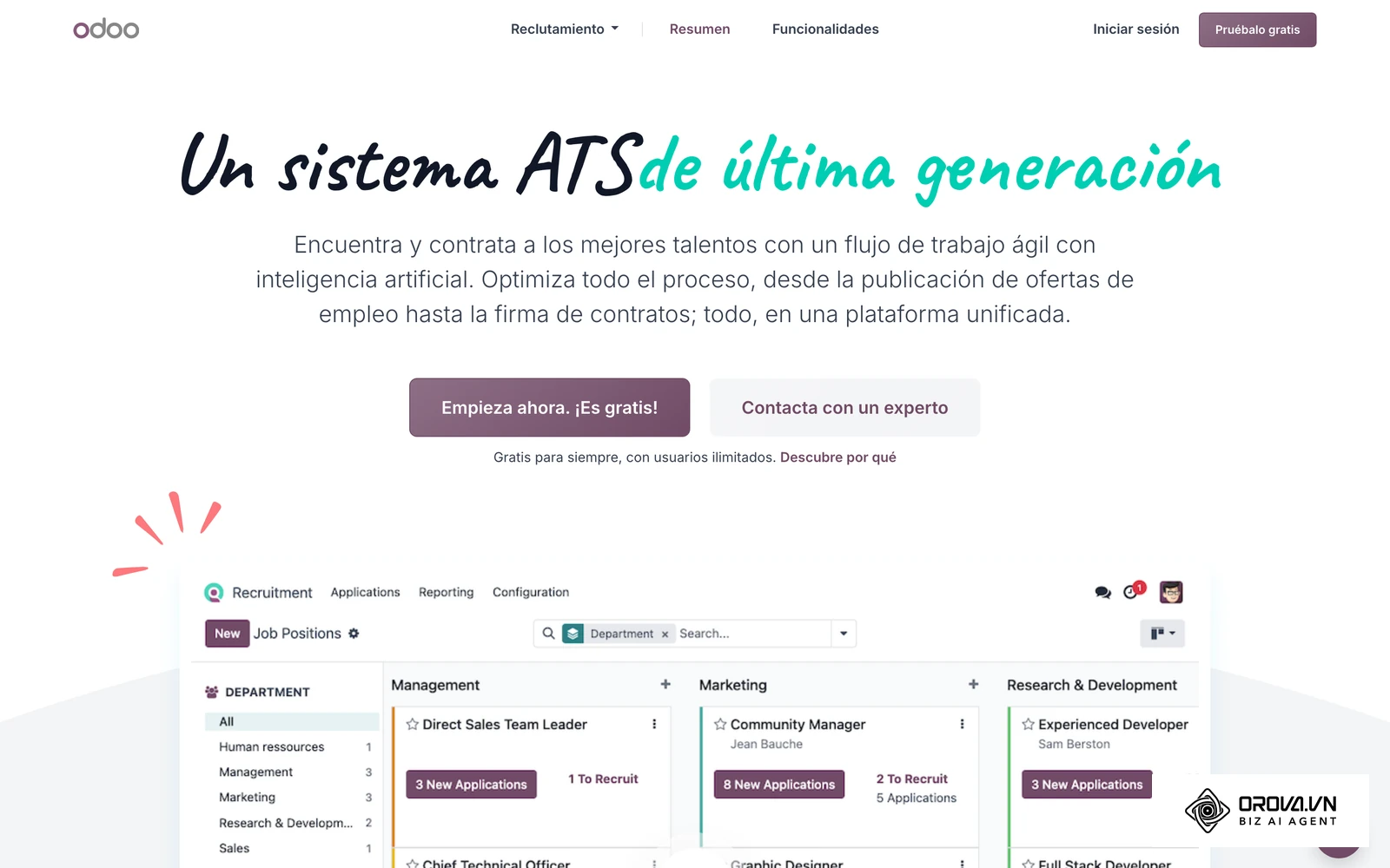 Página oficial de la app Reclutamiento de Odoo: vacantes abiertas agrupadas por departamento, una de las tareas diarias de un departamento de rrhh.