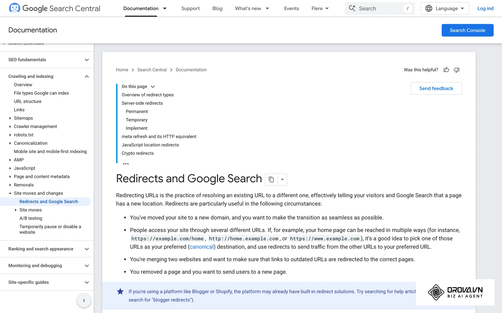 Googles officielle Search Central-dokumentation om omdirigeringer (siden findes kun på engelsk): permanente og midlertidige omdirigeringer på serveren.