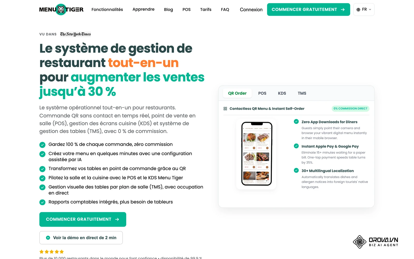 Page de MENU TIGER, un service de menu digital par QR code : aperçu d'une carte de restaurant consultée sur smartphone.