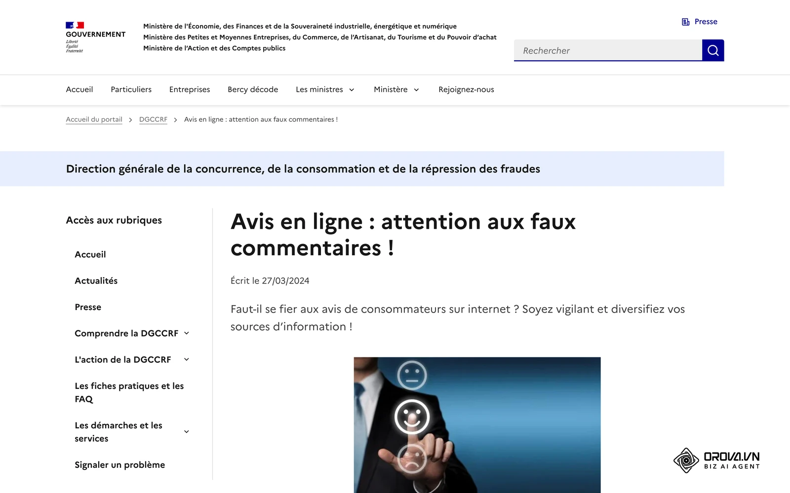 Page officielle de la DGCCRF sur la réglementation des faux avis de consommateurs en France.