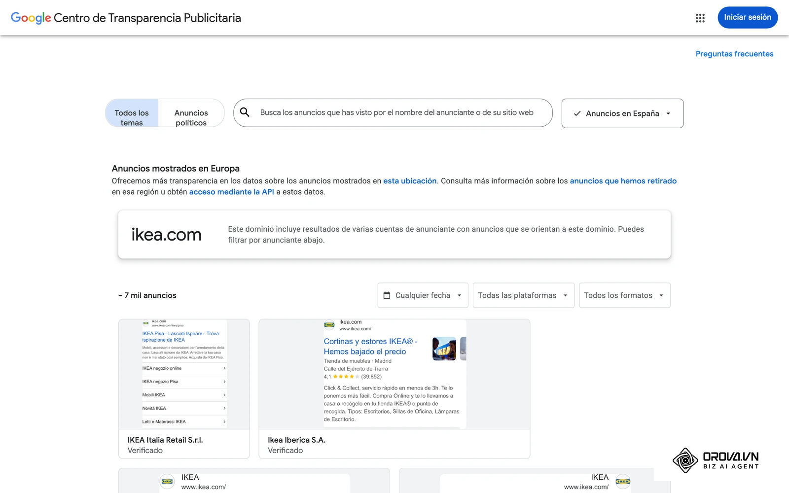 Centro de Transparencia Publicitaria de Google: anuncios reales de búsqueda, display y YouTube que un mismo anunciante (IKEA) publica en España.