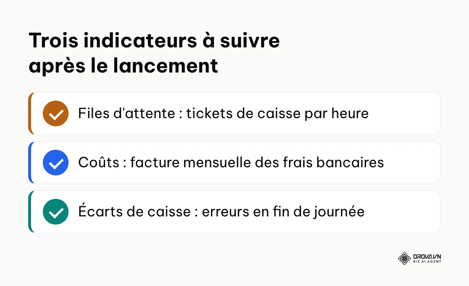 Liste des trois indicateurs à suivre : tickets par heure, frais bancaires mensuels, écarts de caisse.
