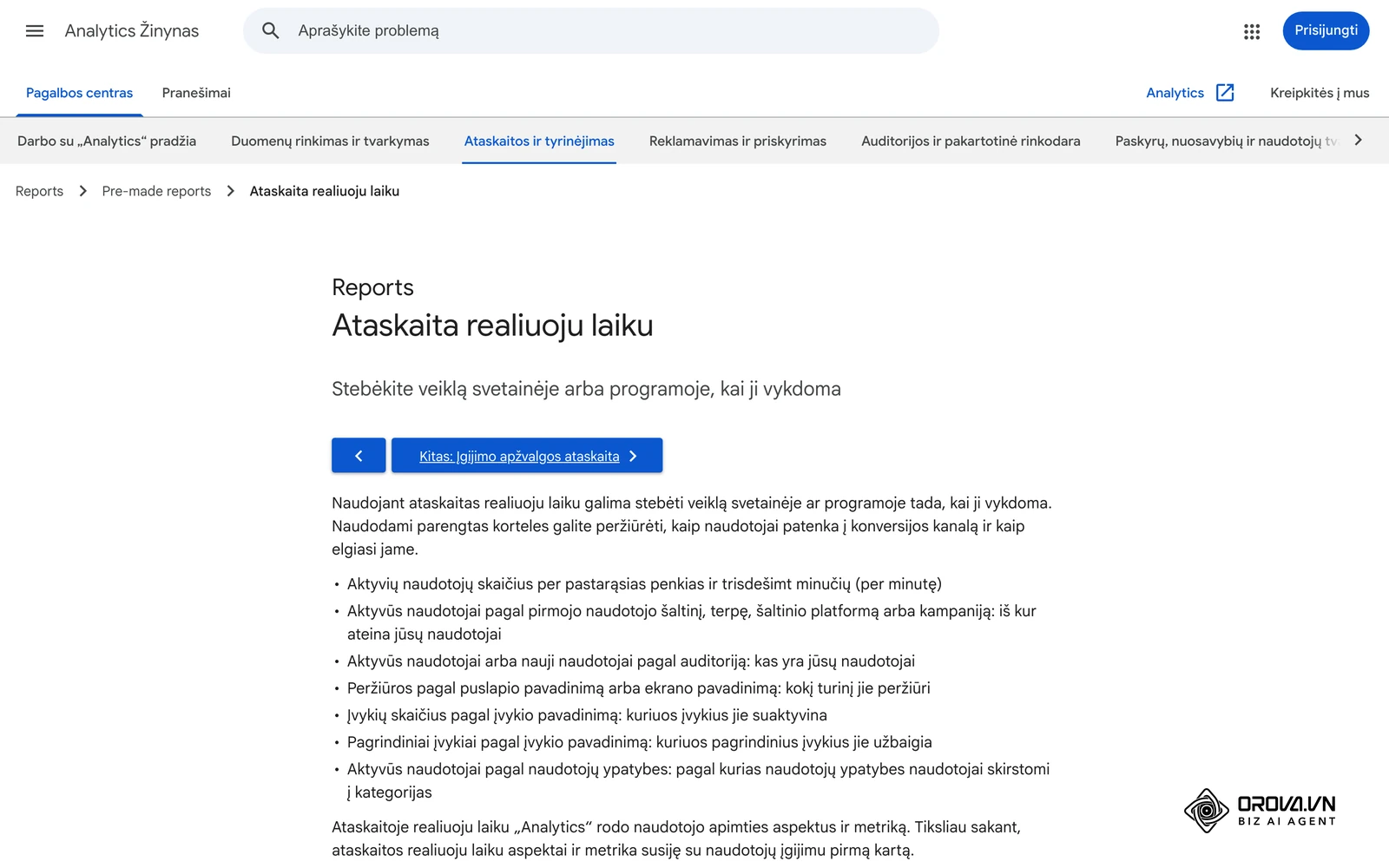 „Google Analytics“ žinyno puslapis apie ataskaitą „Realiuoju laiku“, kurioje galima patikrinti bandomąjį paspaudimą.