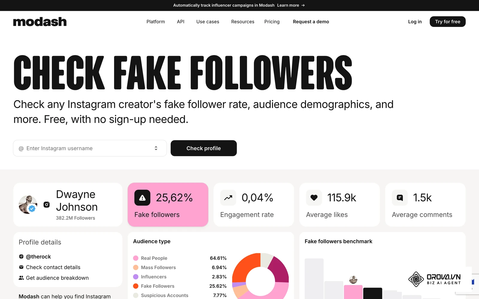 Herramienta gratuita de Modash para estimar el porcentaje de seguidores falsos de un perfil público.