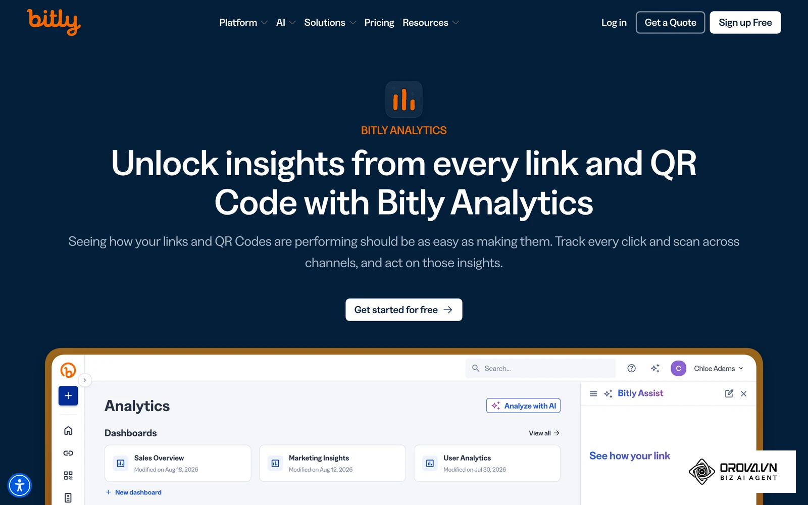 Bitly 官網數據分析產品頁,展示短網址點擊與 QR Code 掃描的統計介面